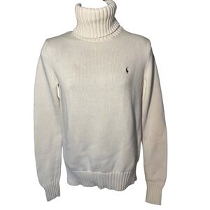 Ralph Lauren Sport Womens Cream Cotton Knit Turtleneck Sweater Size M Blue Logo